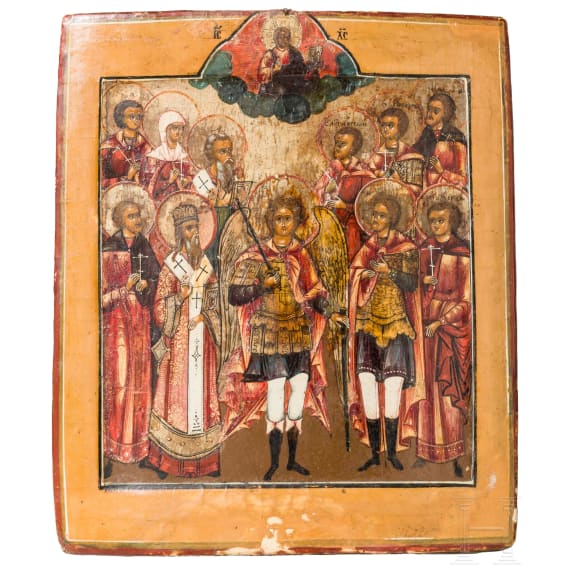 A Russian icon showing Archangel Michael and selected Saints, circa 1800