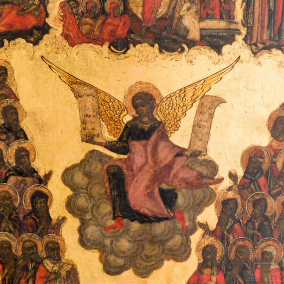 A large, rare Russian icon showing Archangel Michael surrounded by all saints with the Nativity, the Resurrection and the Crucifixion, 19th century