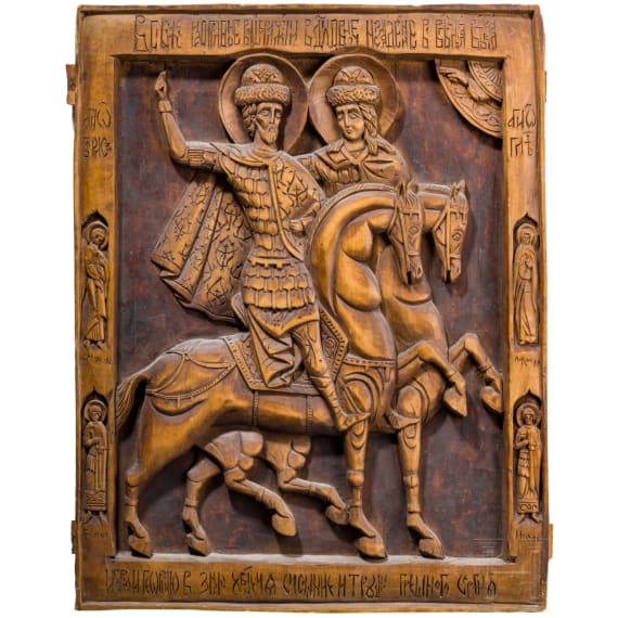 A large Russian carved icon showing Saints Boris and Gleb, late 19th century