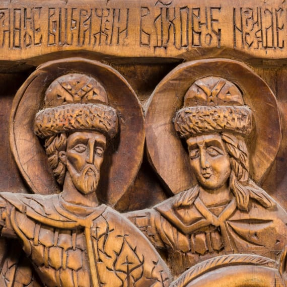 A large Russian carved icon showing Saints Boris and Gleb, late 19th century