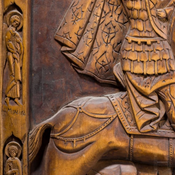 A large Russian carved icon showing Saints Boris and Gleb, late 19th century