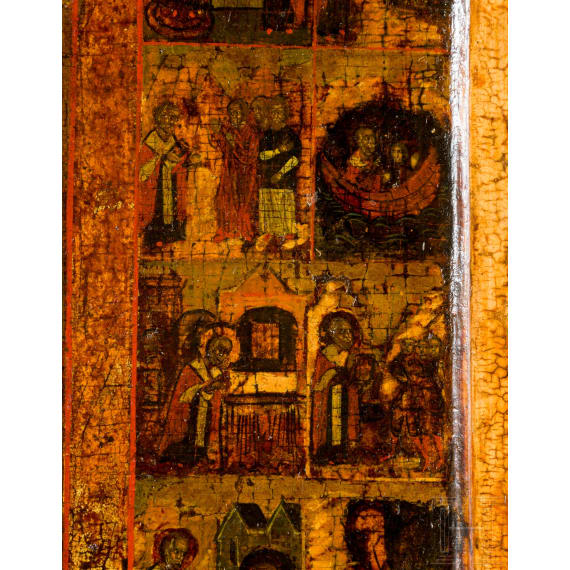 A Russian icon showing Saint Nicholas of Mozhaisk with 40 scenes of his life with silver halo, Russia, 18th century