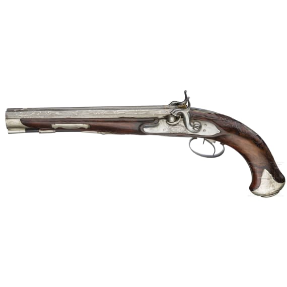 A pair of converted double-barreled percussion pistols, Johann Andreas Kuchenreuter in Regensburg, around 1800