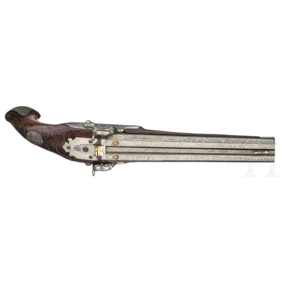 A pair of converted double-barreled percussion pistols, Johann Andreas Kuchenreuter in Regensburg, around 1800