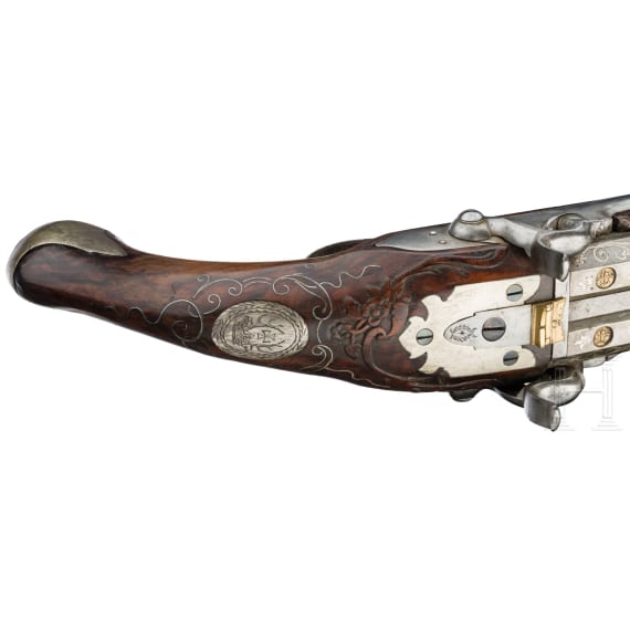 A pair of converted double-barreled percussion pistols, Johann Andreas Kuchenreuter in Regensburg, around 1800
