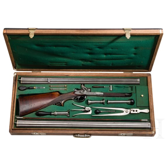 A side-by-side combination gun Moeller & Kellner Gotha, with side-by-side shotgun barrels, in case