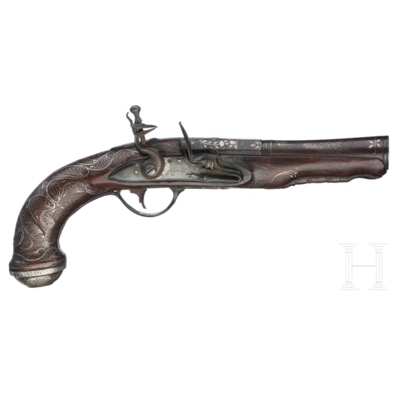 Ein Paar italienische Steinschloss-Tromblonpistolen mit Silbereinlagen, um 1780