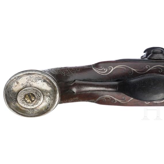 Ein Paar italienische Steinschloss-Tromblonpistolen mit Silbereinlagen, um 1780