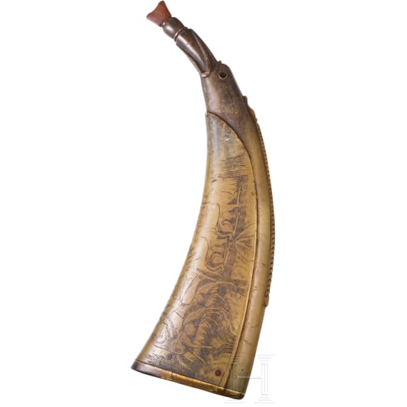 Pulverhorn mit jagdlicher Gravur, deutsch, um 1700