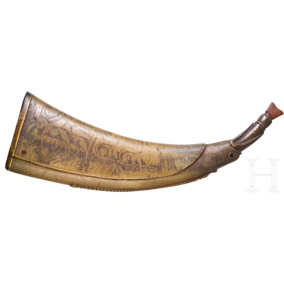 Pulverhorn mit jagdlicher Gravur, deutsch, um 1700
