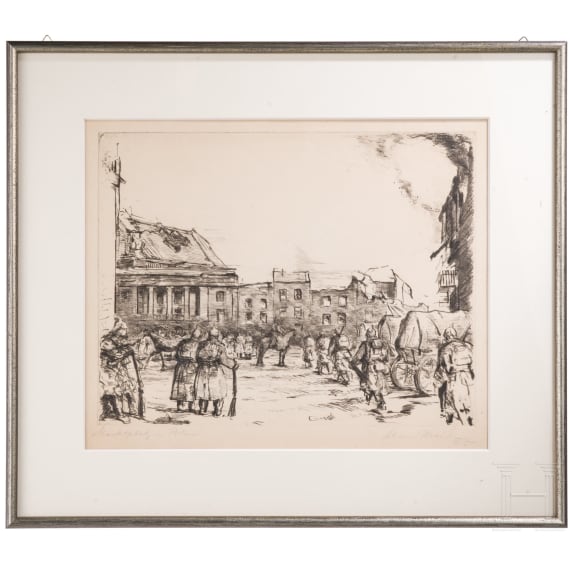 Kapit&auml;n zur See Walter Forstmann - Radierung &bdquo;Marktplatz in Polen", datiert 1915