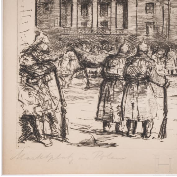 Kapit&auml;n zur See Walter Forstmann - Radierung &bdquo;Marktplatz in Polen", datiert 1915