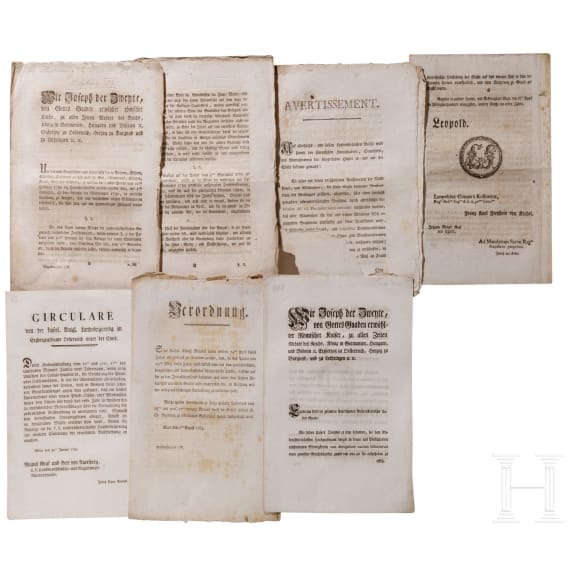 Joseph II., Kaiser des Heiligen R&ouml;mischen Reichs (1741 - 1790) - sechs Circulare u. &auml;. aus seiner Regierungszeit, 1780 - 1790