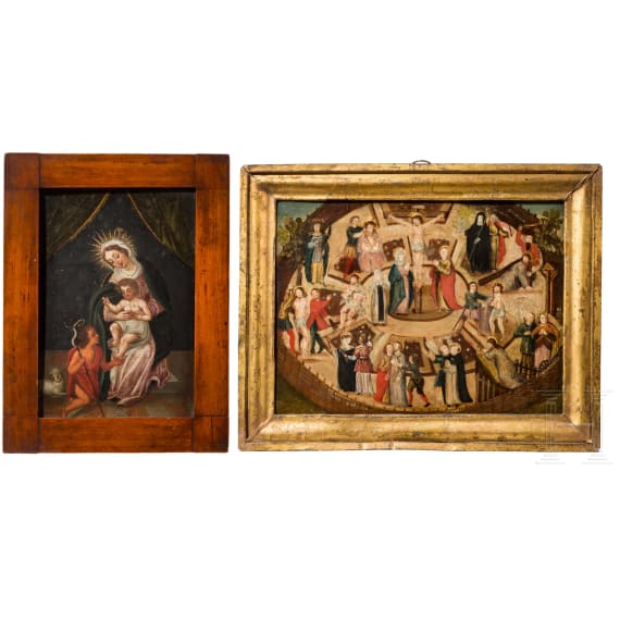 Zwei religi&ouml;se Darstellungen auf Kupfer: Allegorie des Schiffes der Kirche (Navis Ecclesiae) und Maria mit Kind und dem Johannesknaben
