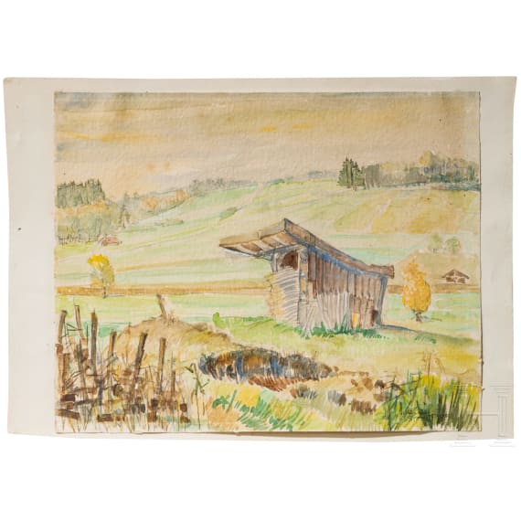 A hay barn in an autumn meadow landscape, watercolour over pencil, 1945