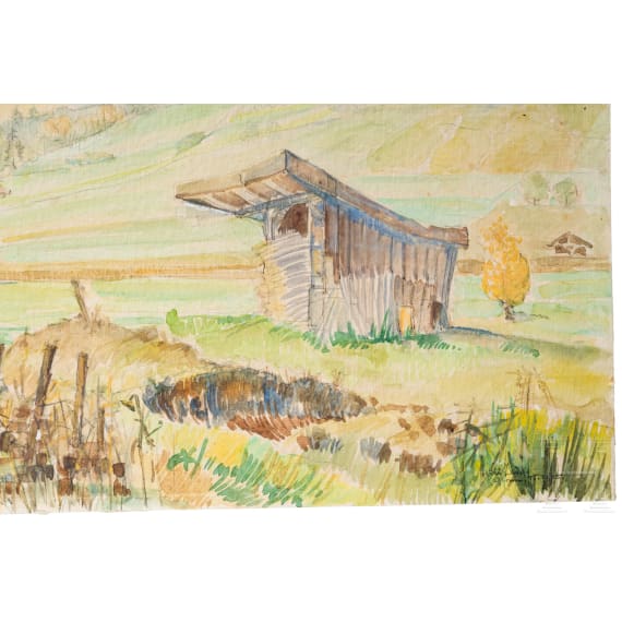 A hay barn in an autumn meadow landscape, watercolour over pencil, 1945