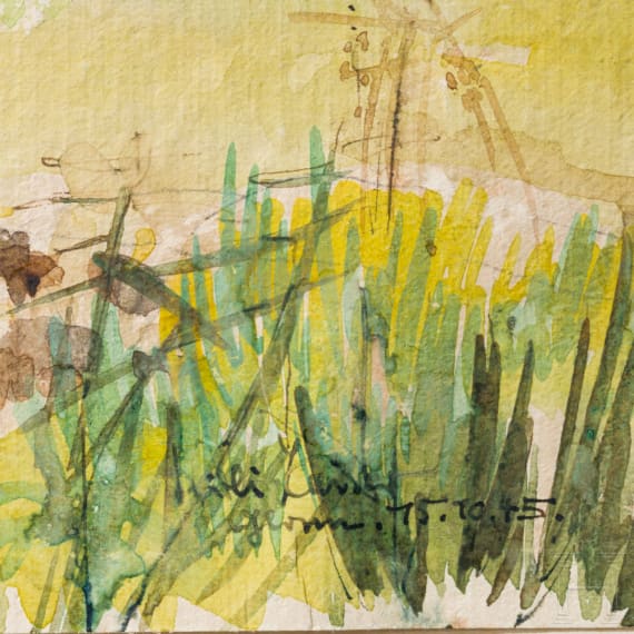 A hay barn in an autumn meadow landscape, watercolour over pencil, 1945