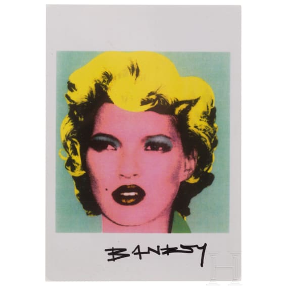 "Kate", after Banksy, postcard with printed details for the exhibition "Crude Oils", London
