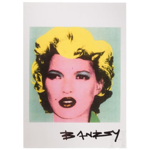 "Kate", after Banksy, postcard with printed details for the exhibition "Crude Oils", London