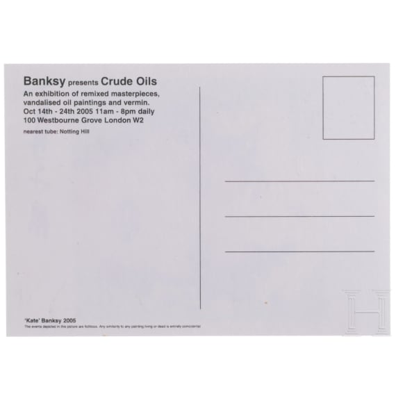"Kate", after Banksy, postcard with printed details for the exhibition "Crude Oils", London