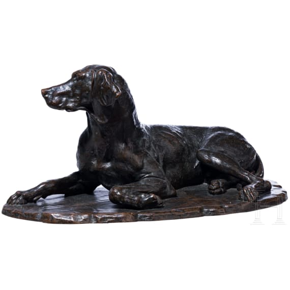 Lebensgro&szlig;e Bronze eines Jagdvorstehhundes, deutsch, wohl sp&auml;tes 19. / fr&uuml;hes 20. Jhdt.