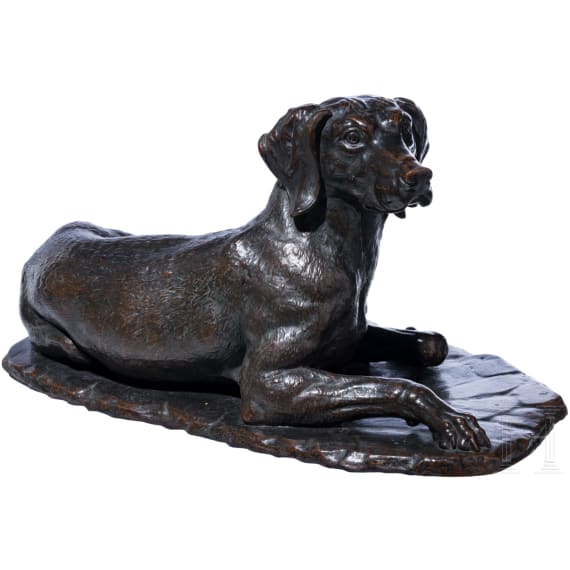 Lebensgro&szlig;e Bronze eines Jagdvorstehhundes, deutsch, wohl sp&auml;tes 19. / fr&uuml;hes 20. Jhdt.