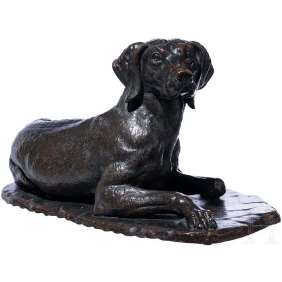 Lebensgro&szlig;e Bronze eines Jagdvorstehhundes, deutsch, wohl sp&auml;tes 19. / fr&uuml;hes 20. Jhdt.
