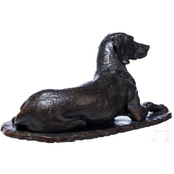 Lebensgro&szlig;e Bronze eines Jagdvorstehhundes, deutsch, wohl sp&auml;tes 19. / fr&uuml;hes 20. Jhdt.