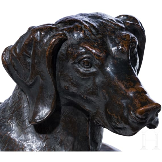Lebensgro&szlig;e Bronze eines Jagdvorstehhundes, deutsch, wohl sp&auml;tes 19. / fr&uuml;hes 20. Jhdt.