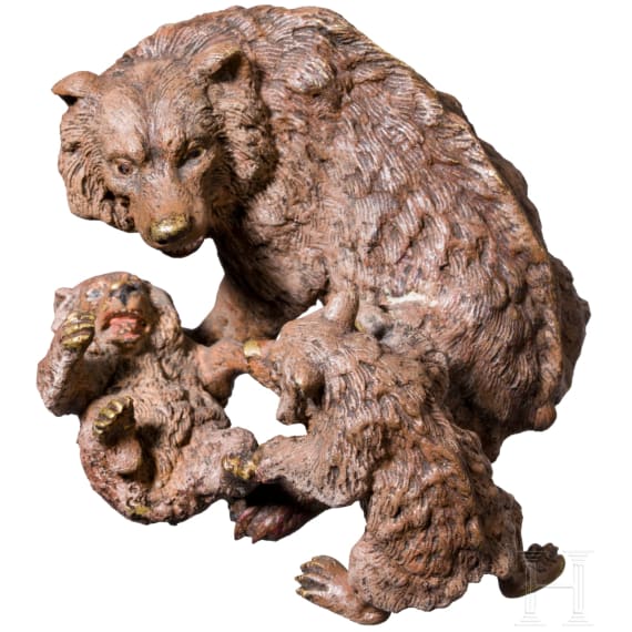 Zwei Wiener Bronzeminiaturen: &bdquo;Schildkr&ouml;te", Franz Xaver Bergmann (Wien 1861 &ndash; 1936 Wien); &bdquo;Wolfgruppe mit Jungtieren", Stefan Buchinger (Wien, t&auml;tig um 1900), um 1900