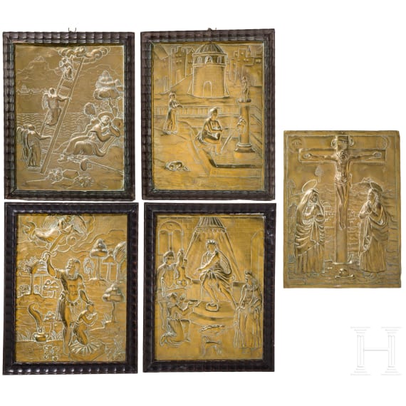 F&uuml;nf Bildplatten aus Messing mit biblischen Szenen, fl&auml;misch, um 1600