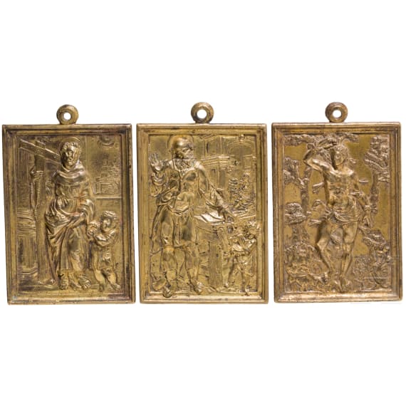 Drei Bronzetafeln mit Heiligendarstellungen, Italien oder Spanien, 17. Jhdt.