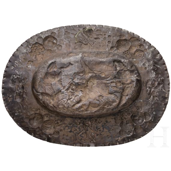 Gro&szlig;e silberne Schauplatte mit jagdlichem Motiv, Eduard Wollenweber in M&uuml;nchen, um 1890