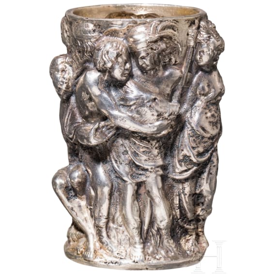 Massiver Silberpokal mit Szene aus der kalydonischen Eberjagd, 20. Jhdt.
