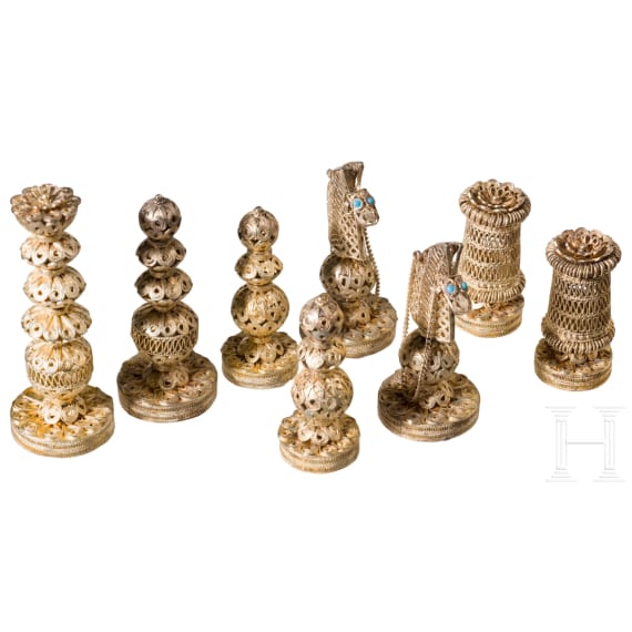 Einsatz Schachfiguren aus filigranem Silber, Israel, 20. Jh.