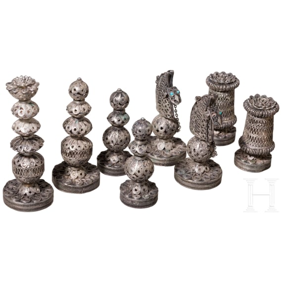 Einsatz Schachfiguren aus filigranem Silber, Israel, 20. Jh.