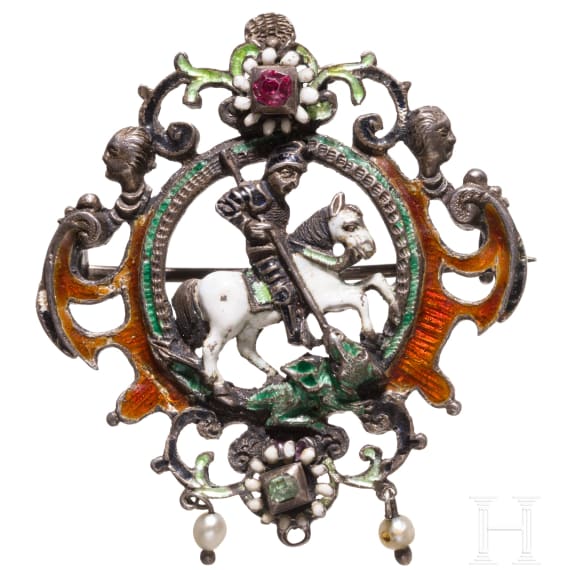 Emaillierte silberne Brosche mit Hl. Georg im Renaissancestil, wohl Wien, um 1880