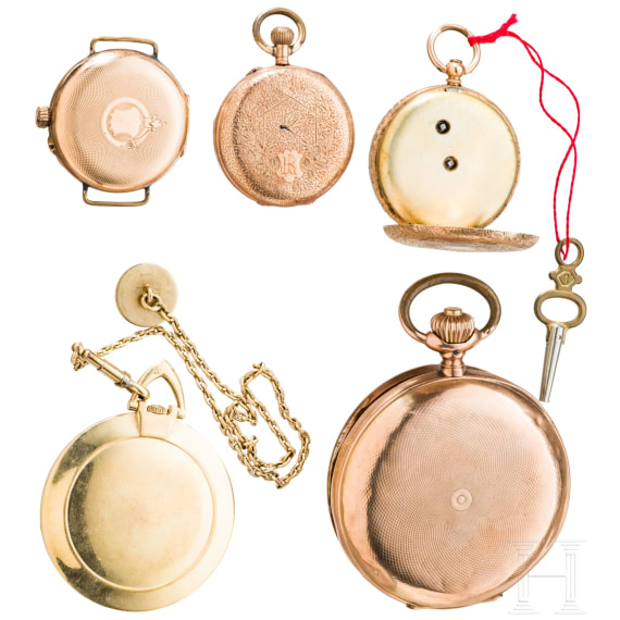 F&uuml;nf goldene Taschenuhren