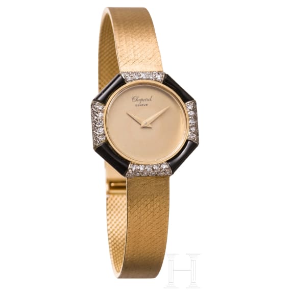 A ladies 18ct gold, diamond and onyx Chopard wristwatch, Swiss, 1960/70s