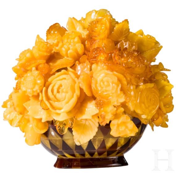 A Lithuanian amber bouquet of flowers with basket