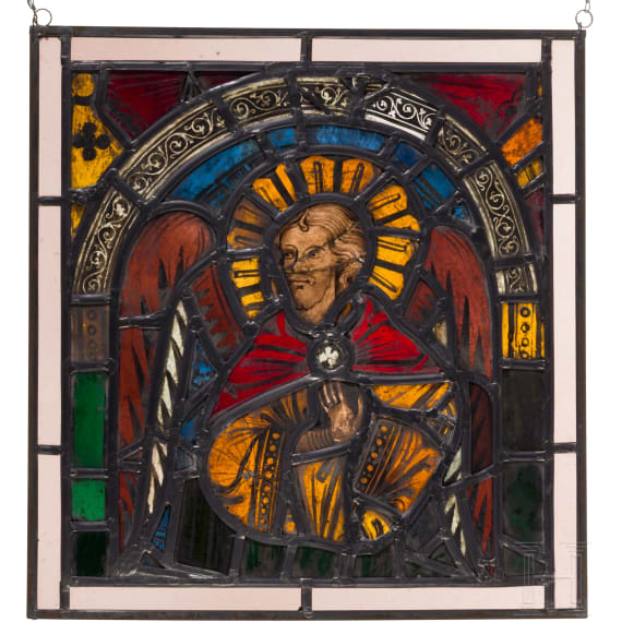 A late Gothic German leaded stained glass window showing an archangel, circa 1500