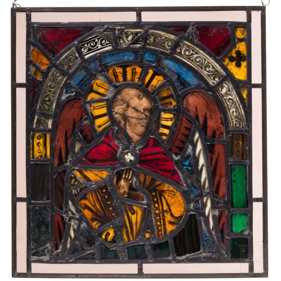 A late Gothic German leaded stained glass window showing an archangel, circa 1500