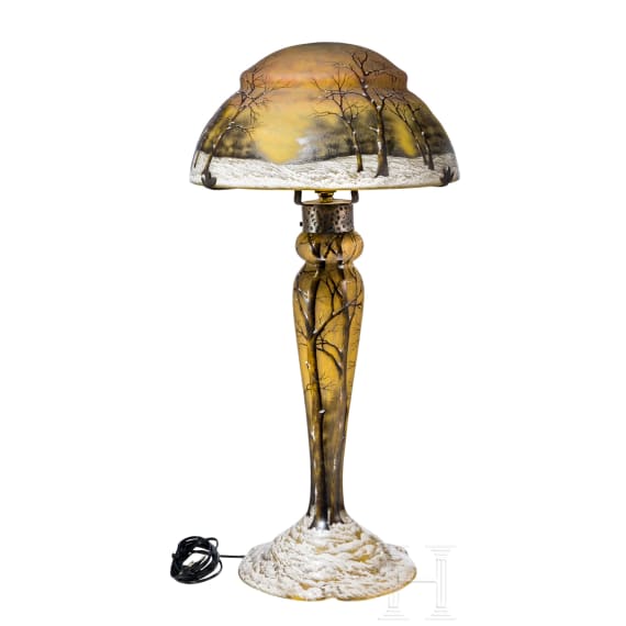 A large table lamp with winter landscape "Cr&eacute;puscule neige" or "Paysage hiver", Nancy, Daum Fr&egrave;res, circa 1902