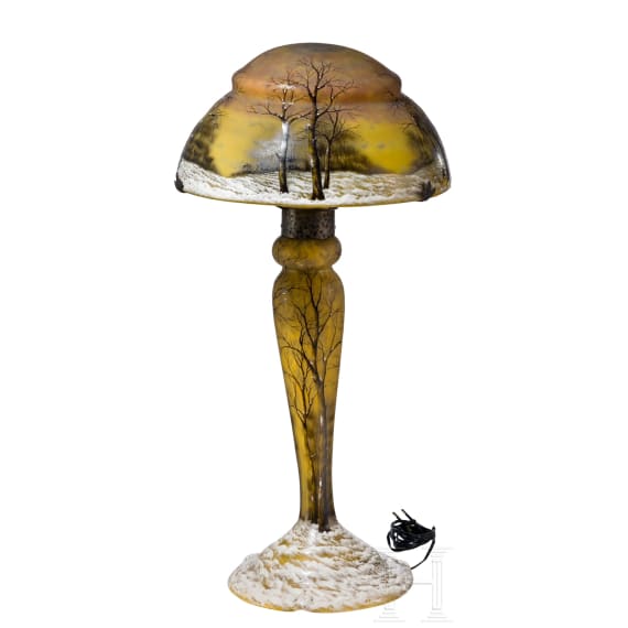 A large table lamp with winter landscape "Cr&eacute;puscule neige" or "Paysage hiver", Nancy, Daum Fr&egrave;res, circa 1902