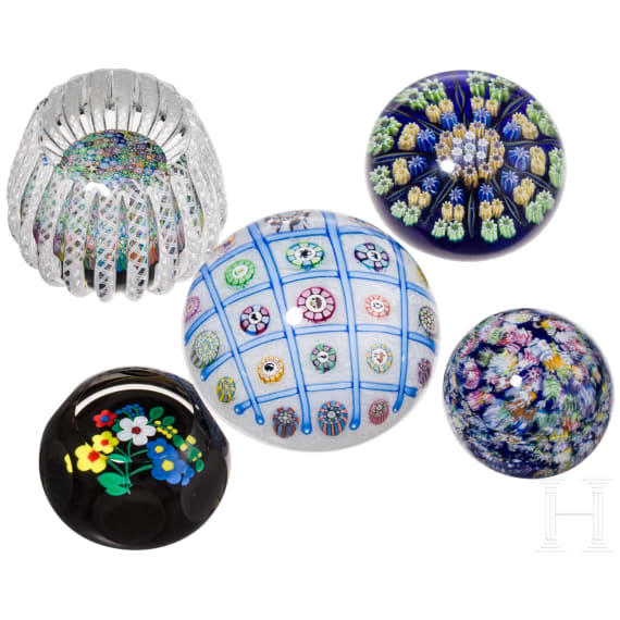 Five glass paperweights, Scottland, Perthshire, 1973 (one), 1991 (two)