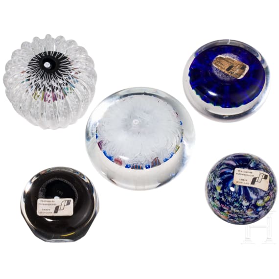 Five glass paperweights, Scottland, Perthshire, 1973 (one), 1991 (two)