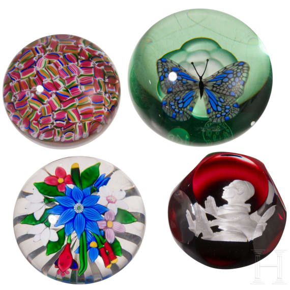 Four glass paperweights (one with butterfly and one with bust of Pope Pius XII), Baccarat, 2nd half of the 20th century