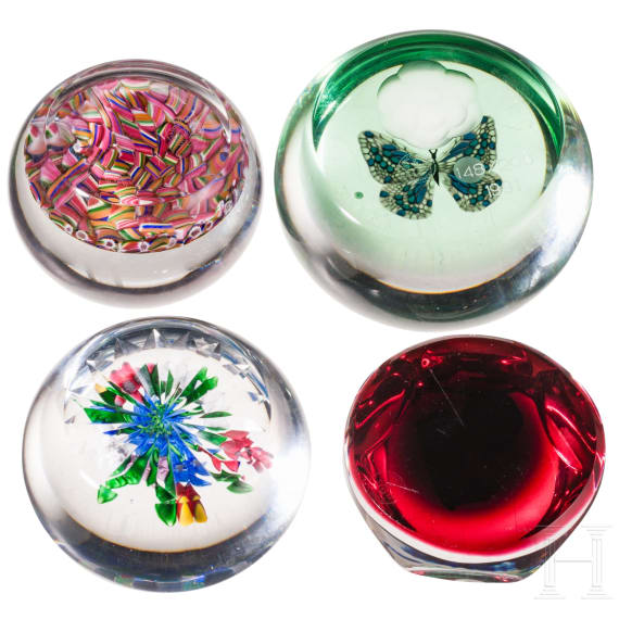 Four glass paperweights (one with butterfly and one with bust of Pope Pius XII), Baccarat, 2nd half of the 20th century