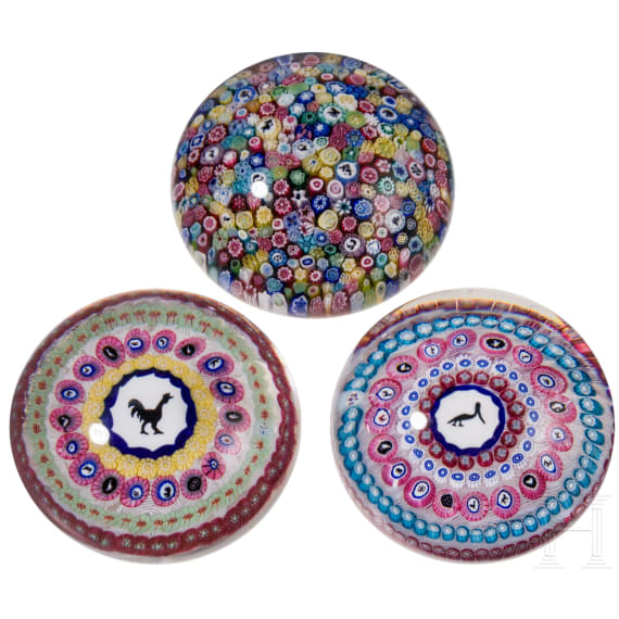 Three Millefiori glass paperweights: zodiac signs, two from "Gridel"-series (pelican and rooster), Baccarat, 1971-1974