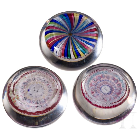 Three Millefiori glass paperweights: zodiac signs, two from "Gridel"-series (pelican and rooster), Baccarat, 1971-1974